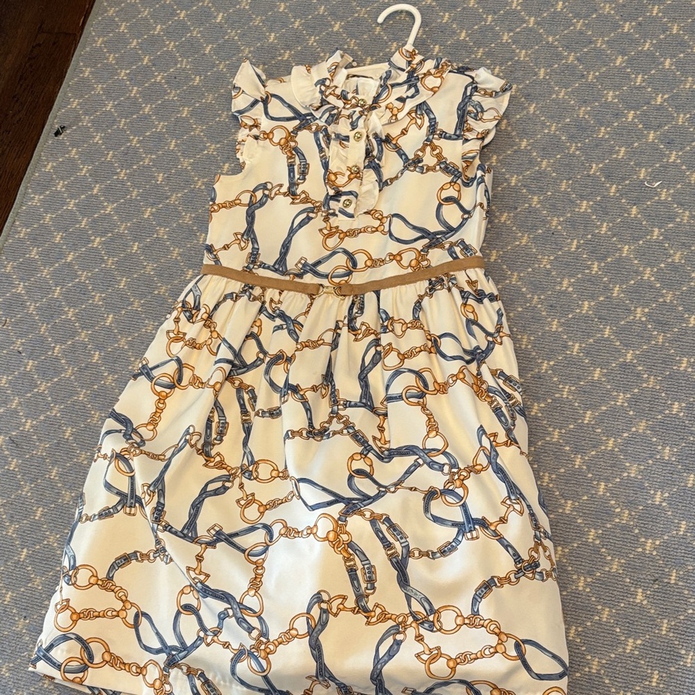 EUC Janie and Jack Chain Print Dress in Blue and Gold Sz 7